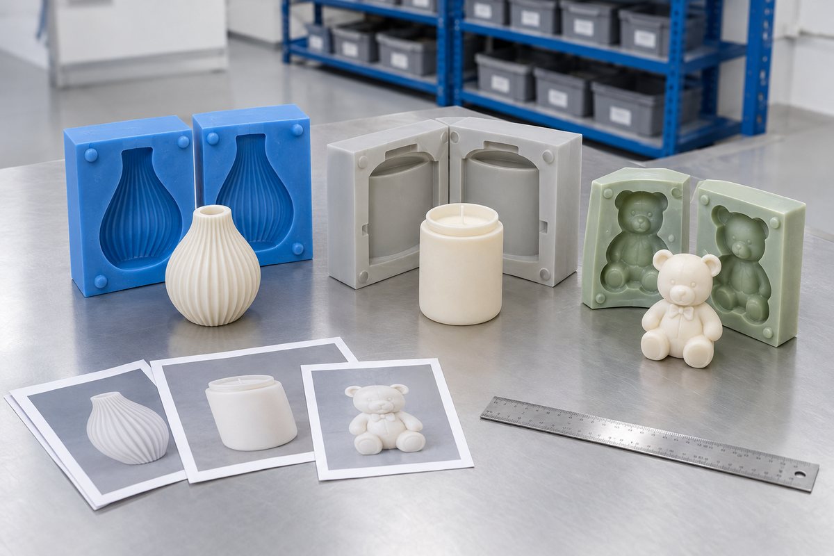 Illustrative example: Reference photos, ruler and sample mould options on a workshop bench