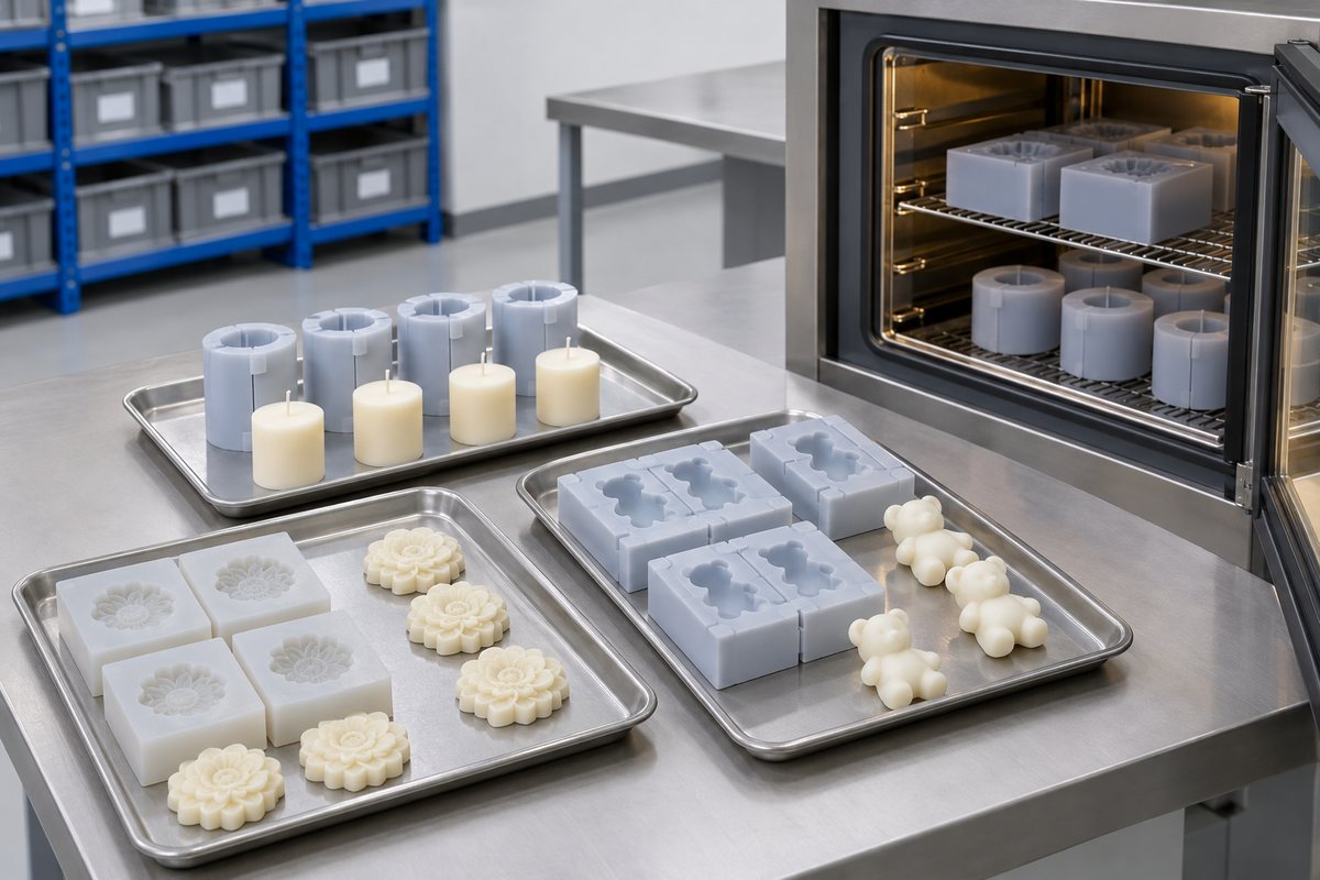 Illustrative example: Silicone moulds on trays ready for post-curing in a small oven