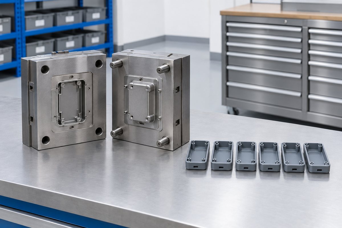 Illustrative example: Open steel tool and settled sample parts in a small toolroom