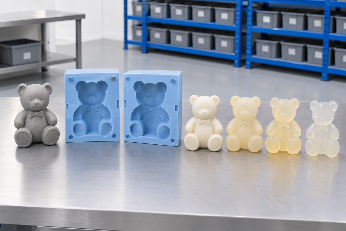 Illustrative example: Stored master pattern beside replacement moulds and progressively softer cast copies