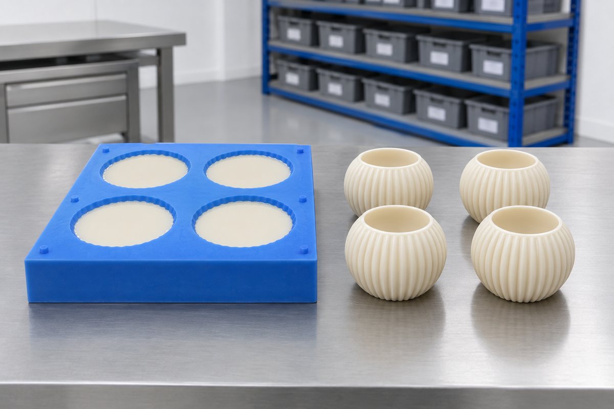 Illustrative example: Four-cavity silicone mould producing several identical cast parts in one pour