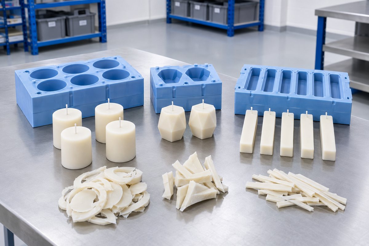Illustrative example: Moulds with different cavity counts beside grouped cast parts and trimming waste
