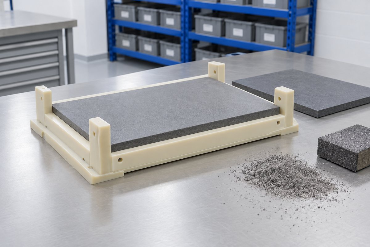 Illustrative example: Rigid polyurethane tool supporting flat cast panels with abrasive residue nearby