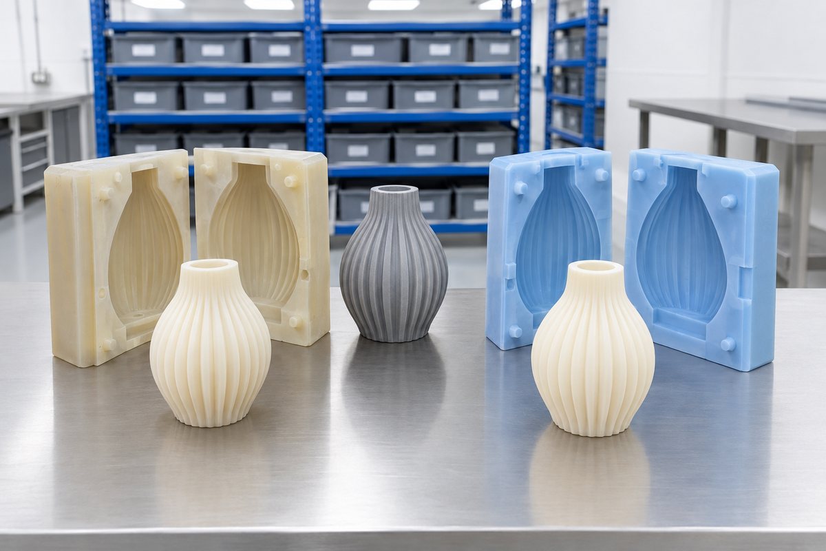 Illustrative example: Retained master pattern with old and new moulds producing matching parts