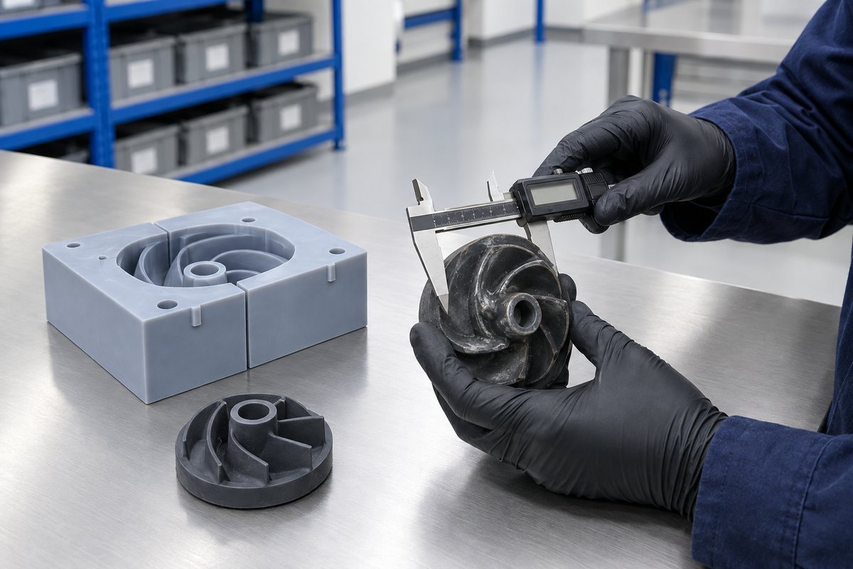 Illustrative example: Worn part being examined with measuring tools on a workshop bench