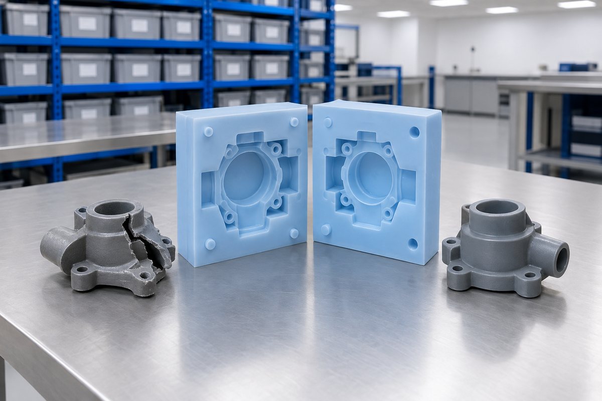 Illustrative example: Damaged original part beside mould halves and a fresh cast sample
