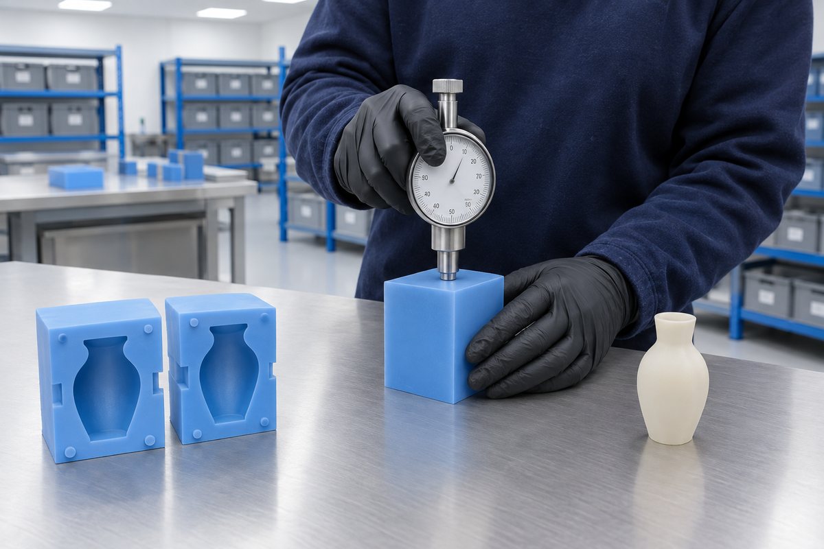 Illustrative example: Cured silicone sample being checked with a hardness gauge