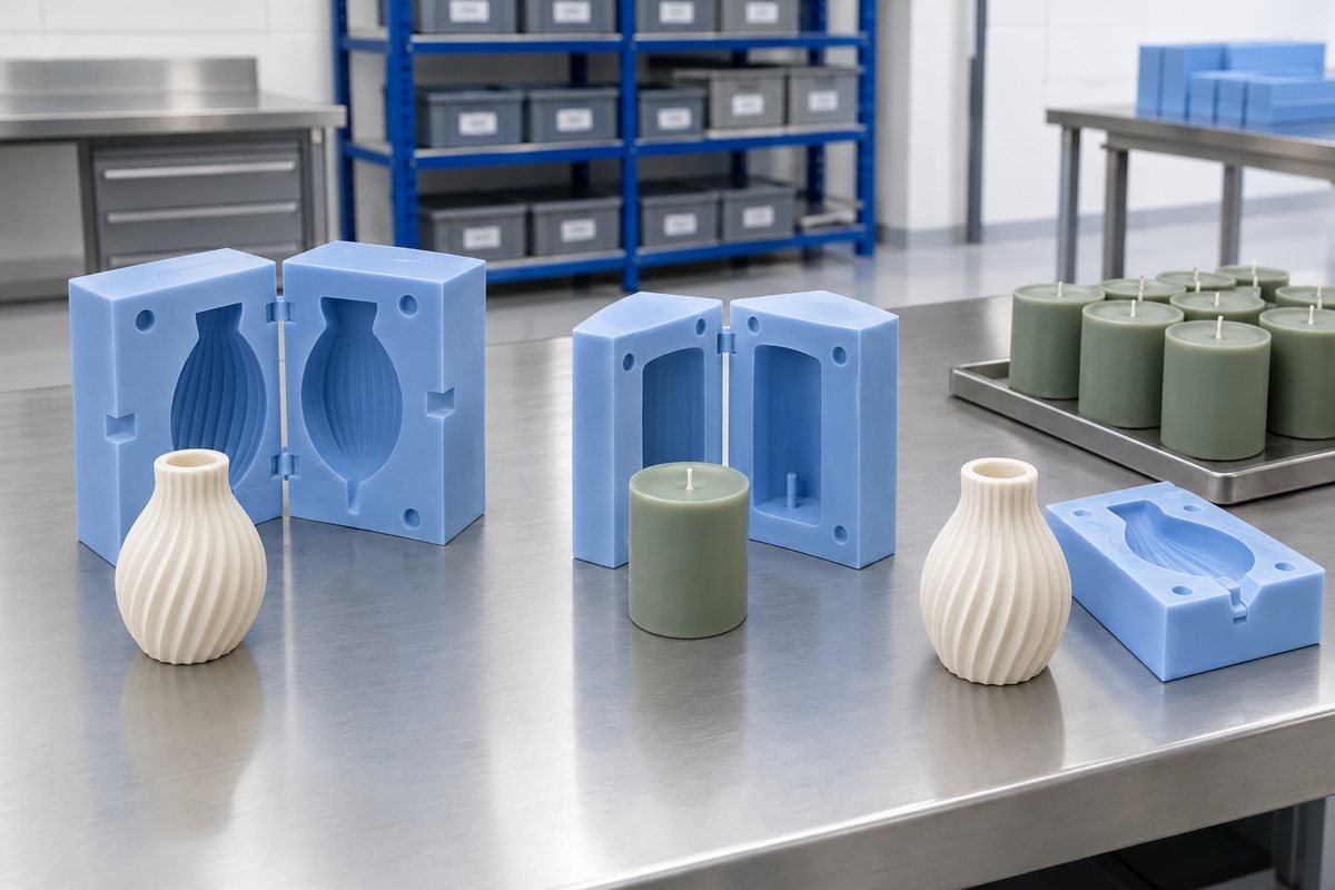 Illustrative example: Trial mould and production setup with sample castings on a bench