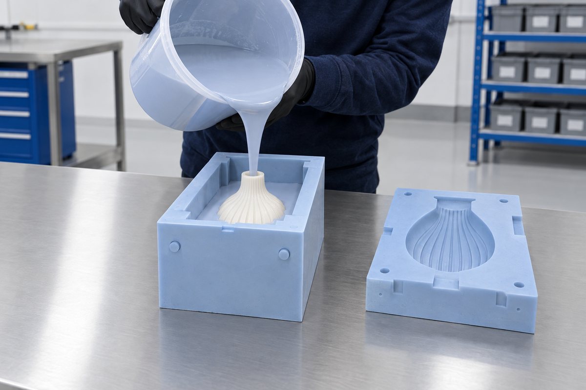 Illustrative example: Silicone poured carefully into a mould box around a master