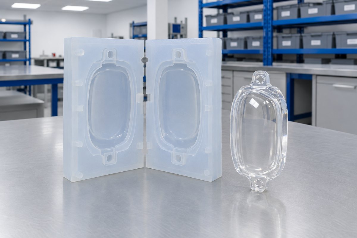 Illustrative example: Clear cast sample and split mould arranged around the visible face