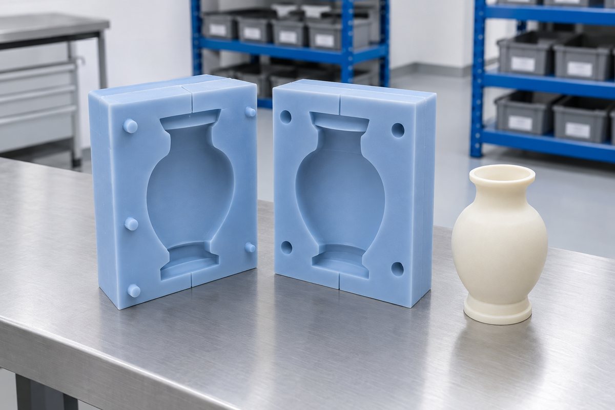 Illustrative example: Open two-part silicone mould showing split line, registration and wall thickness