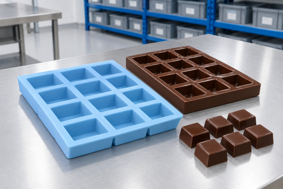 Illustrative example: Contrasting silicone tray mould and smooth glossy chocolate mould cavities