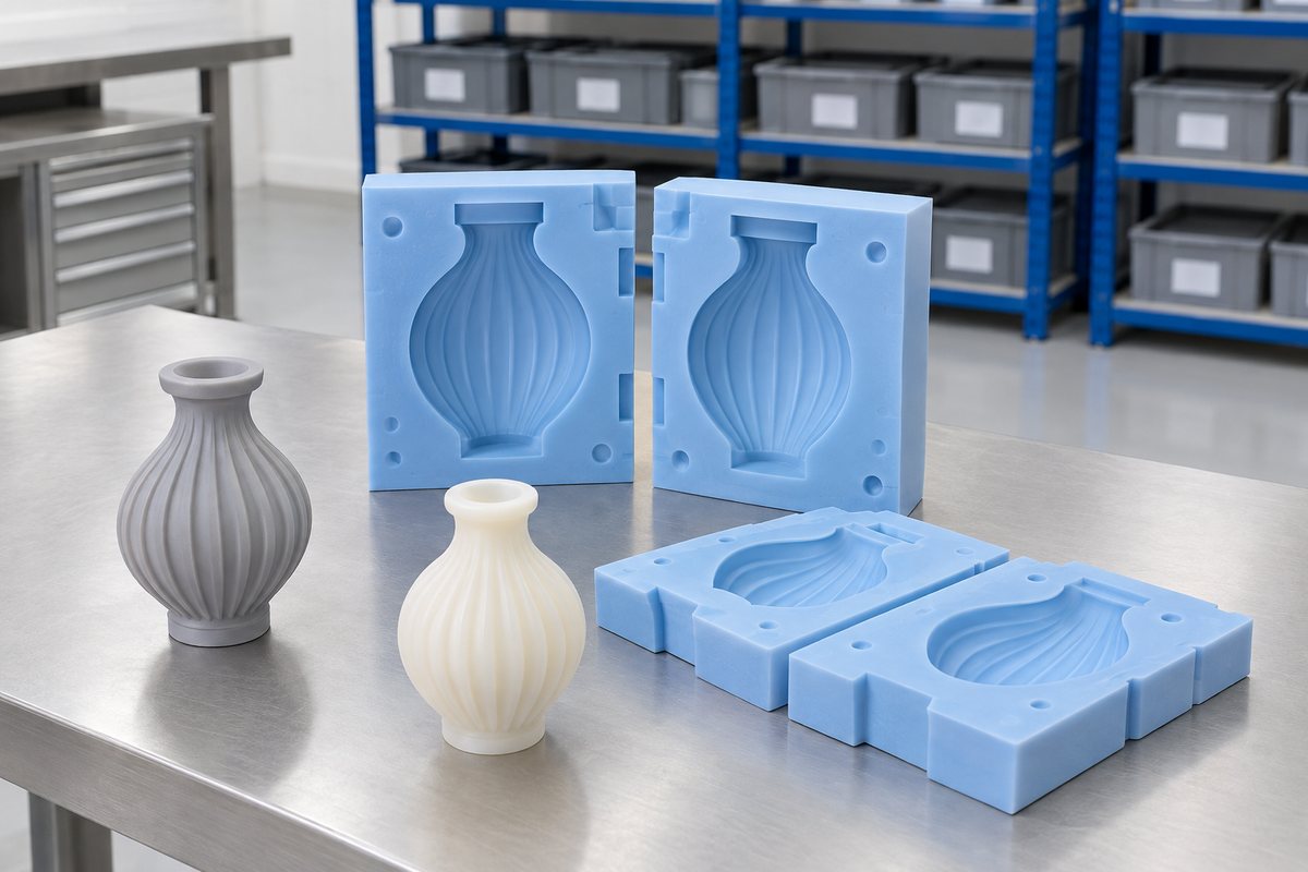 Illustrative example: Master pattern kept beside matching repeat silicone moulds for future runs