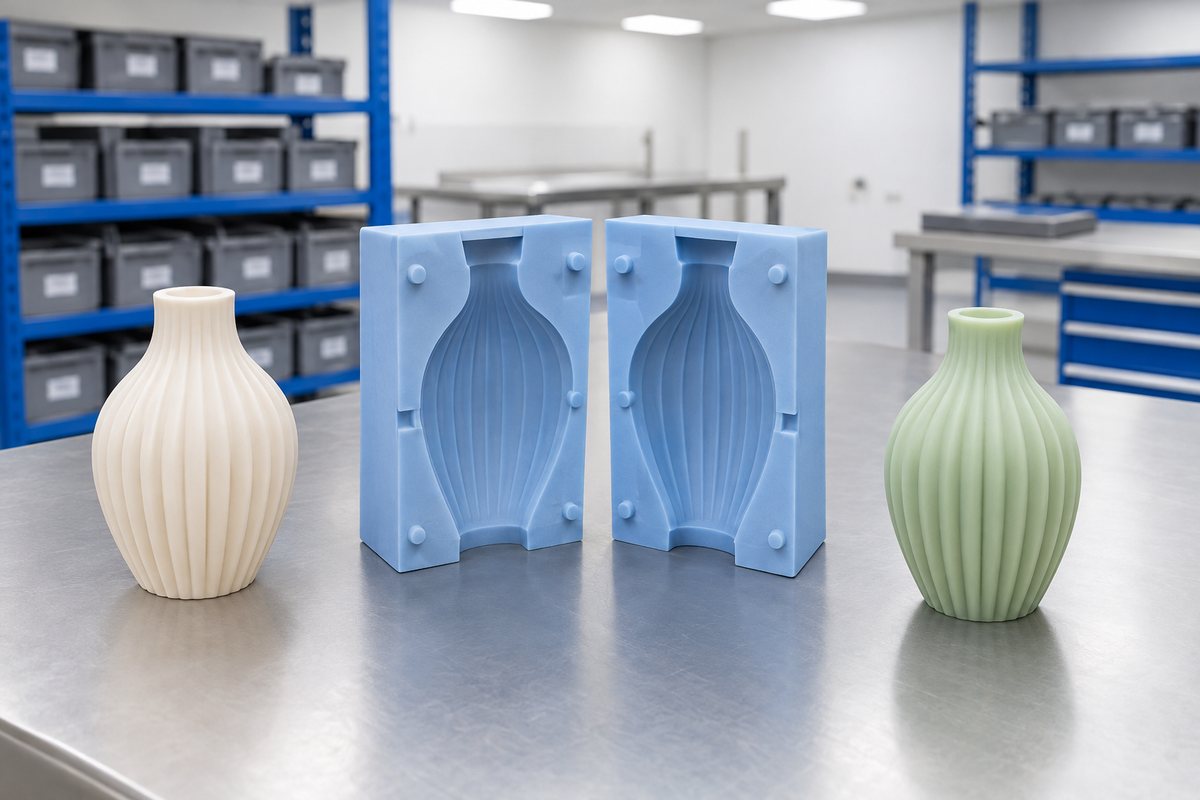 Illustrative example: Master, mould and first-off casting laid out for checking