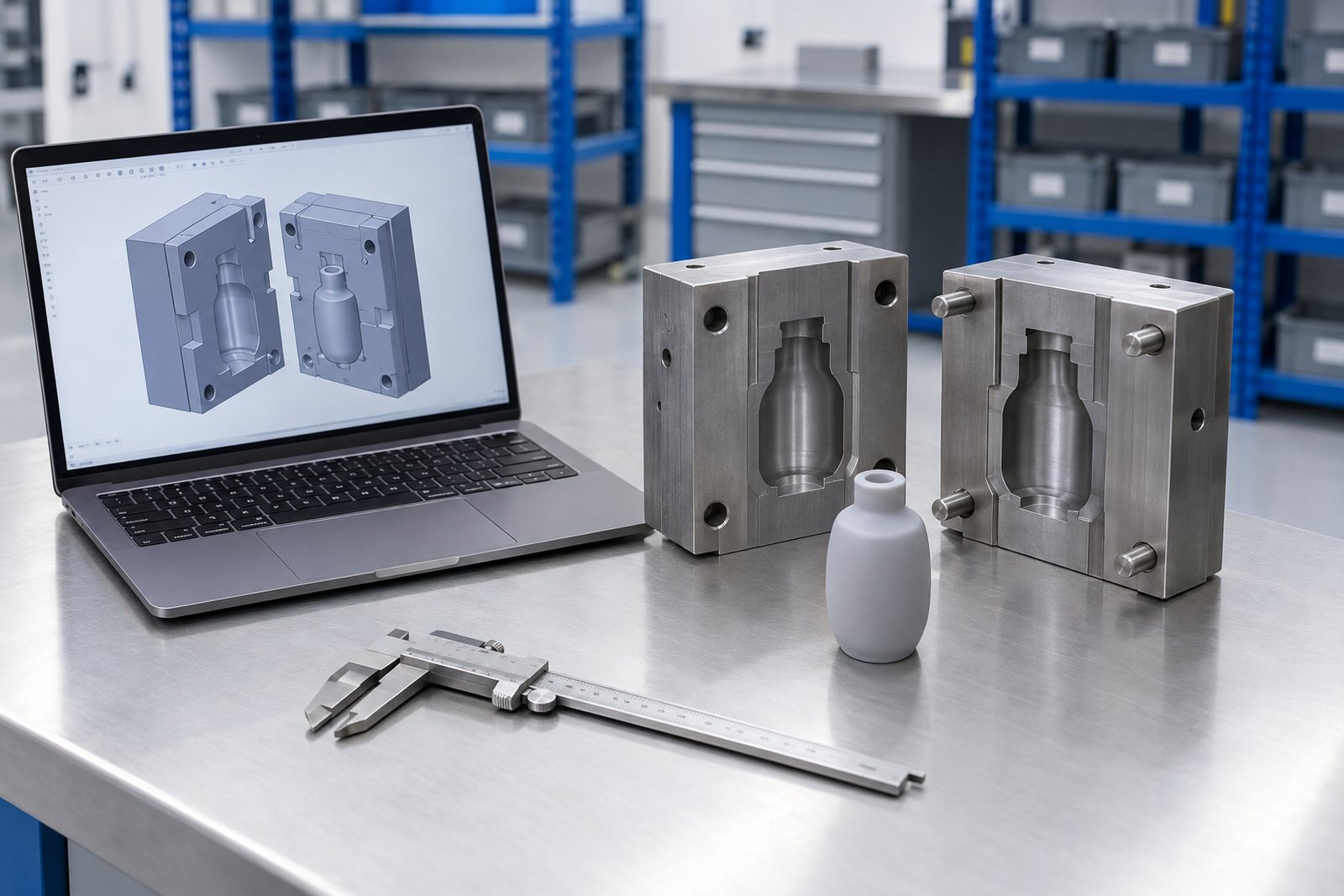 Illustrative example: Mould tool CAD model open on a laptop beside the machined steel tool blocks and calipers on the bench