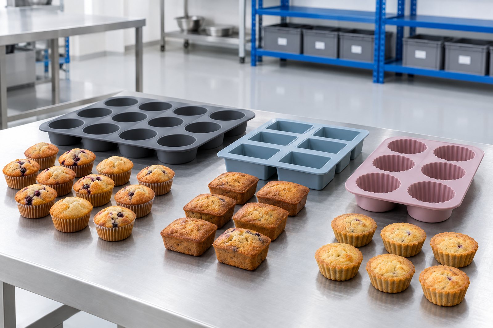Illustrative example: Moulded and baked food items turned out of flexible silicone trays
