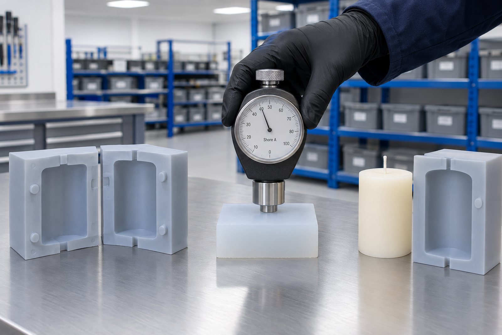 Illustrative example: A durometer pressed against a cured silicone test piece to read Shore A hardness before a candle mould is specified