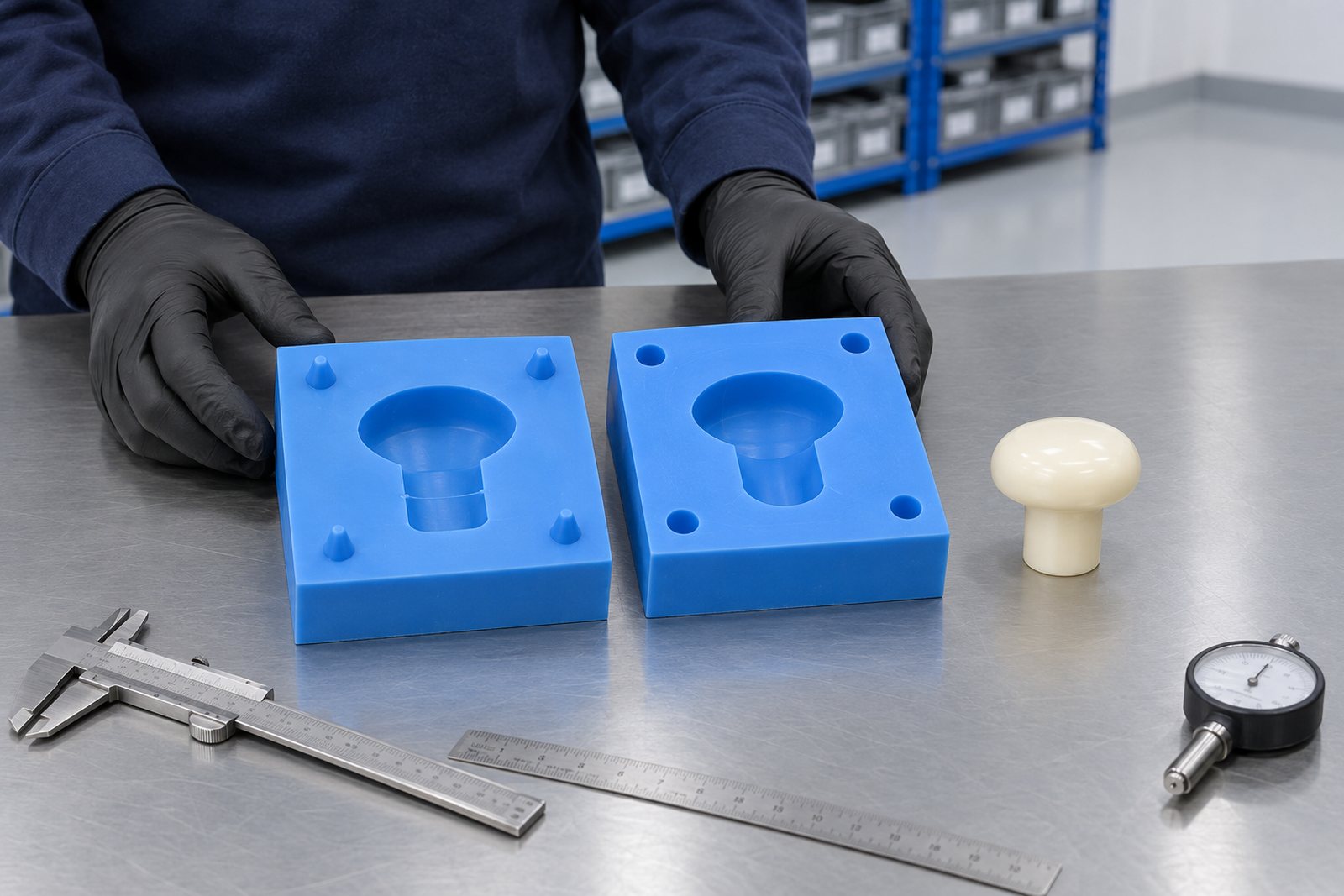 Illustrative example: Two halves of a silicone mould laid open on a bench with registration keys visible along the split line