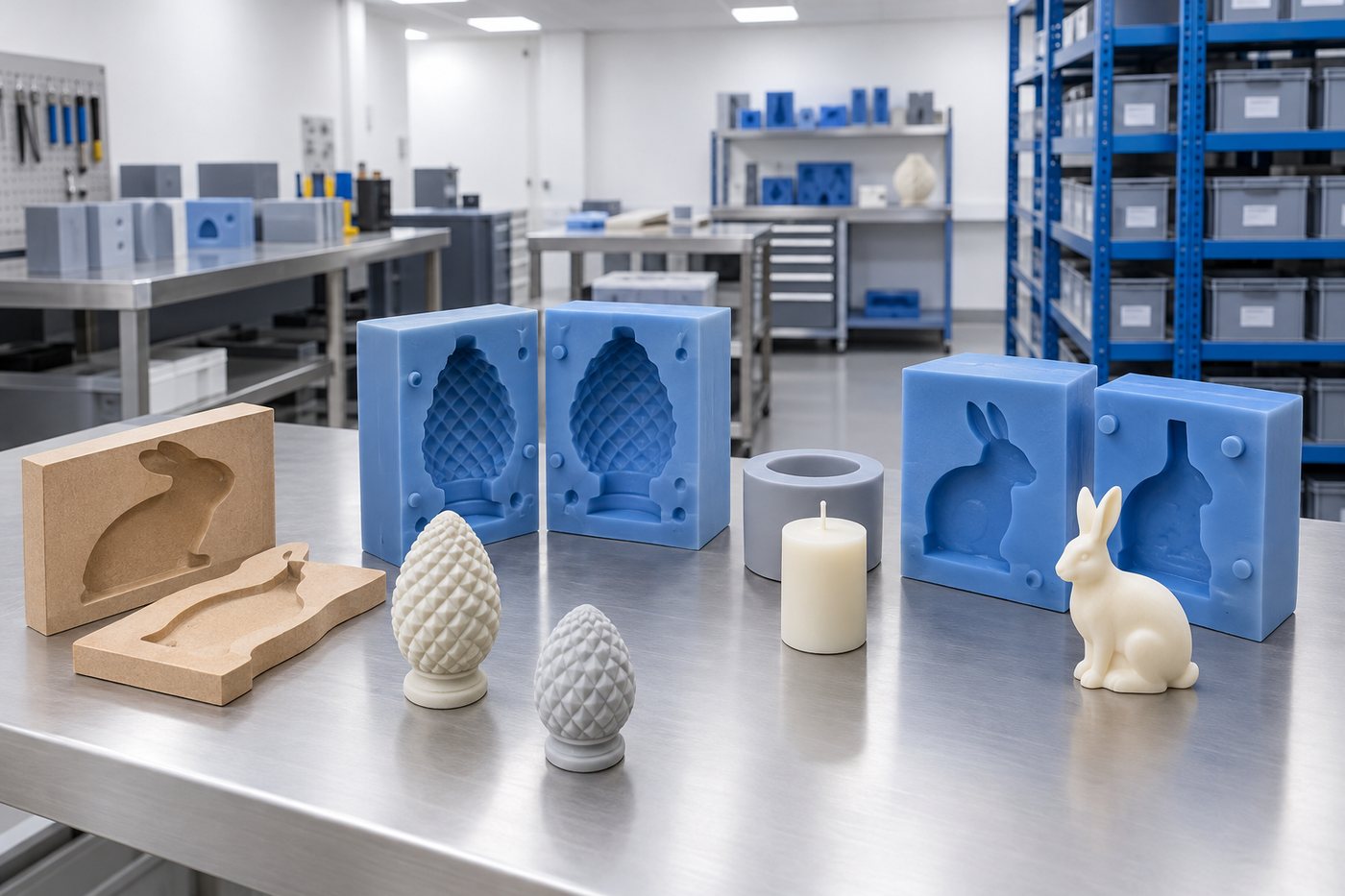 Illustrative example: Small workshop showing pattern making, silicone moulds and cast parts together.