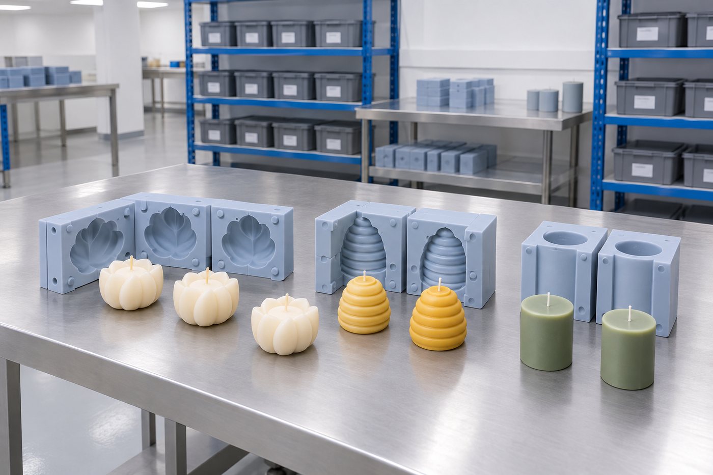 Illustrative example: Organised small-batch production bench with repeat moulds and finished parts.