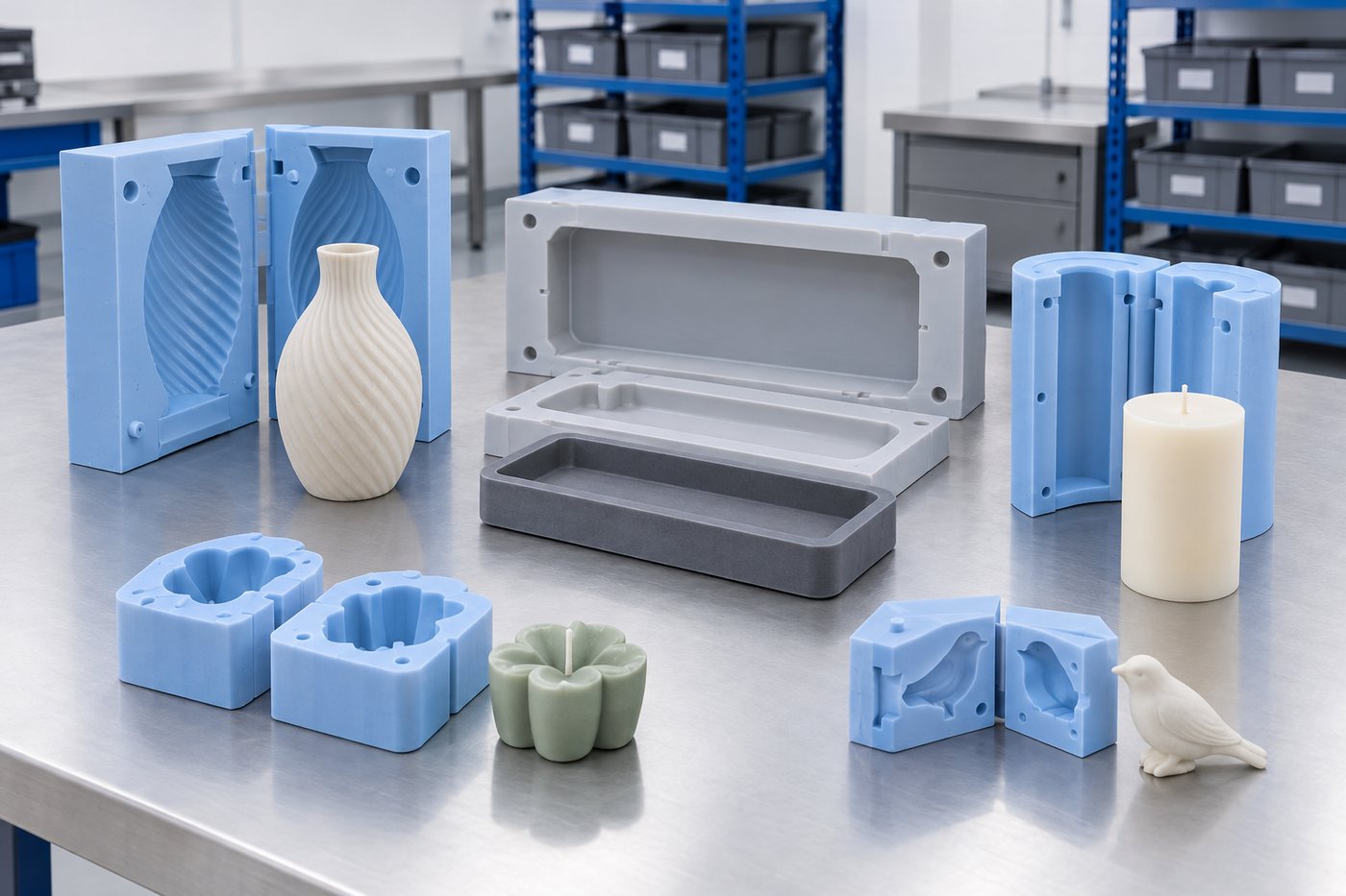 Illustrative example: Selection of custom silicone moulds and cast parts on a workbench.