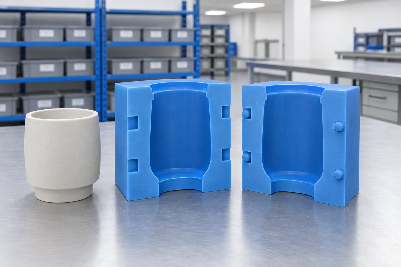 Illustrative example: Cut section of silicone mould showing thickness, keys and construction.