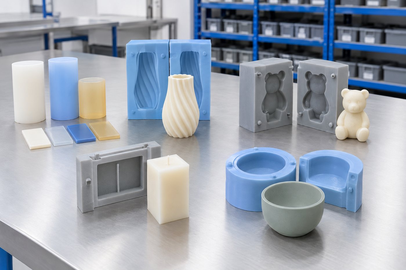 Illustrative example: Material samples and test mouldings compared on a workshop bench