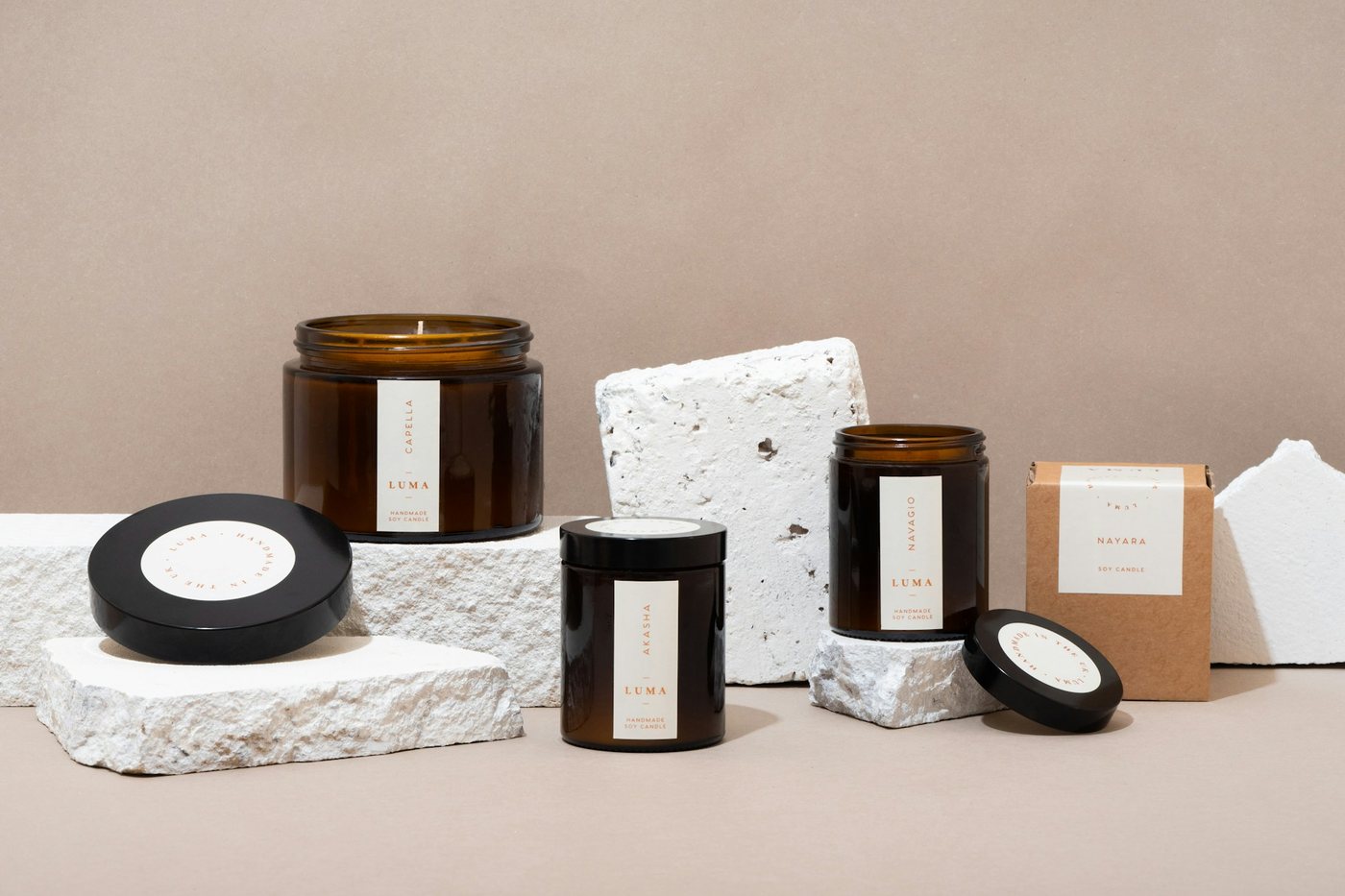 Amber candle jars and packaging for a small brand