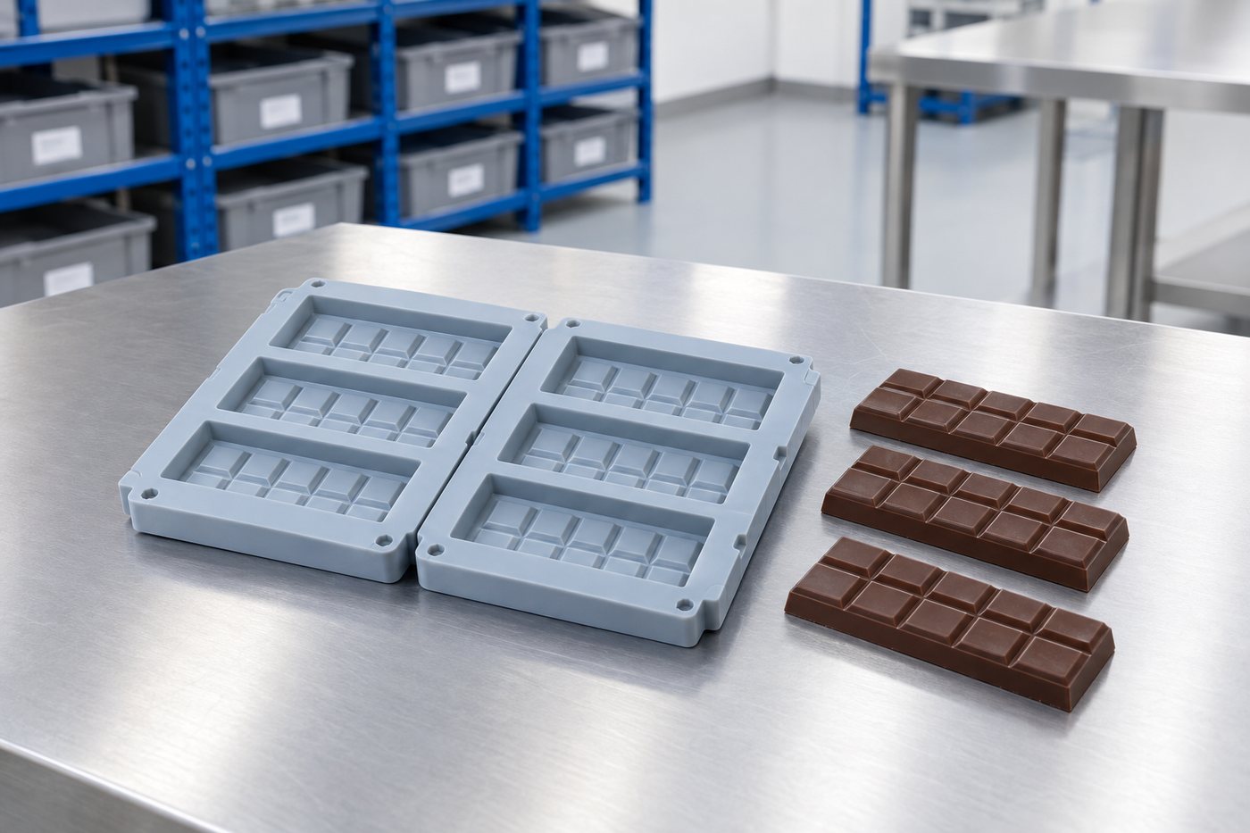 Illustrative example: Silicone chocolate bar mould with crisp cavities and finished bars nearby