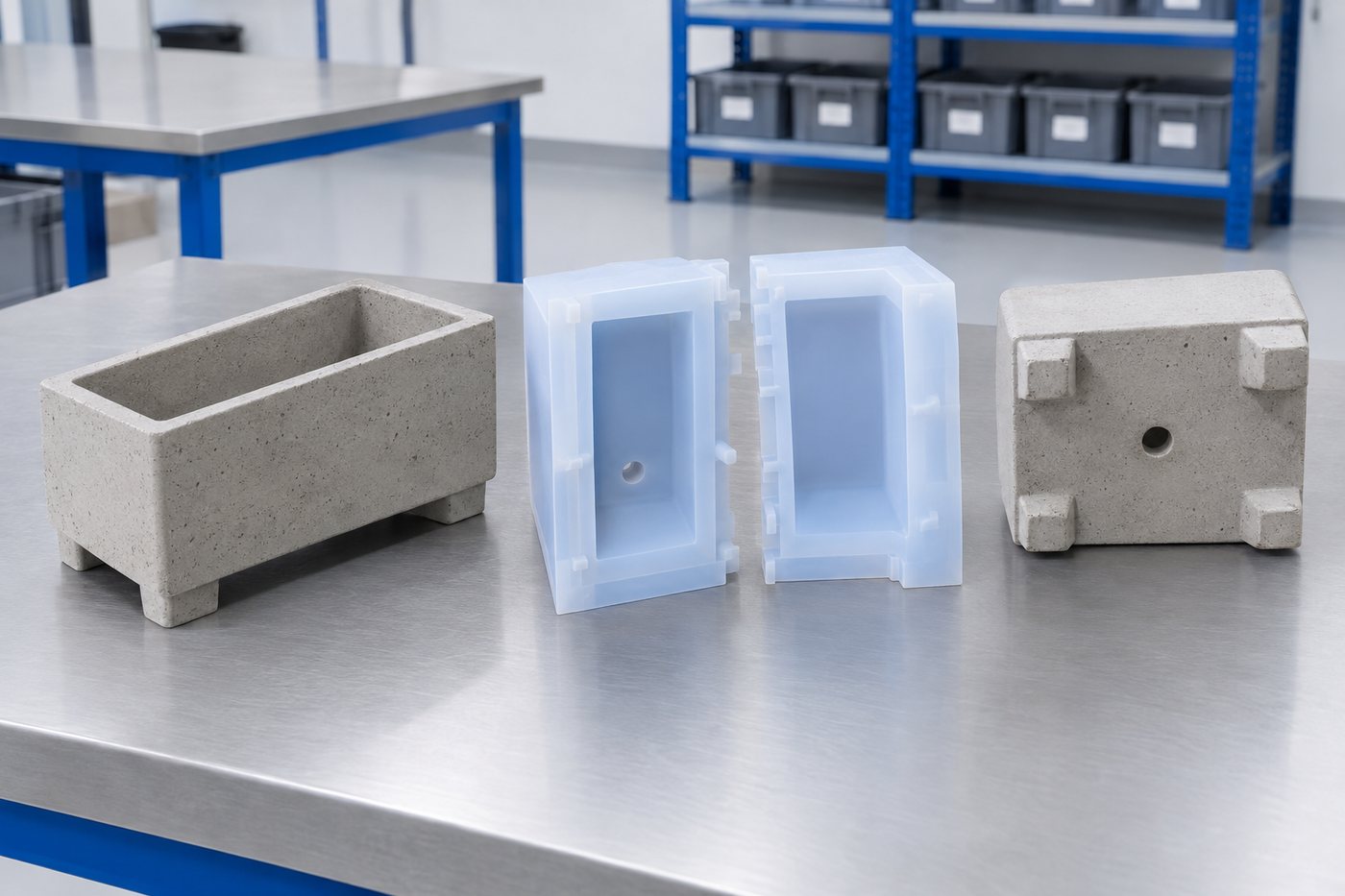 Illustrative example: Concrete planter casting and mould showing drainage hole and base feet