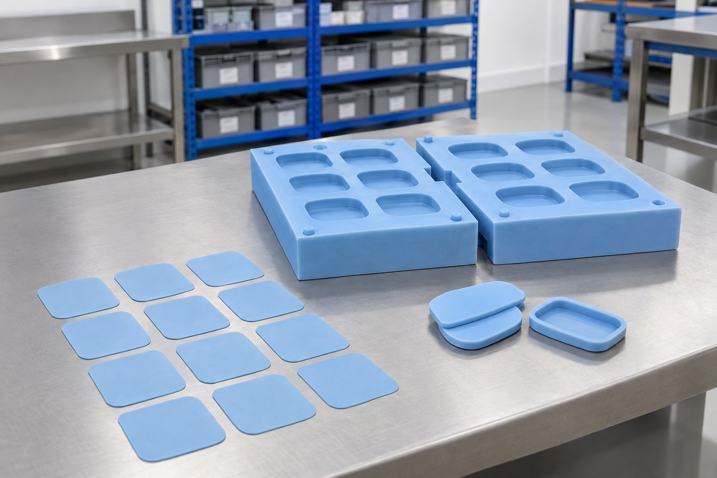 Illustrative example: Thin silicone patches checked for flatness beside a multi-cavity tool