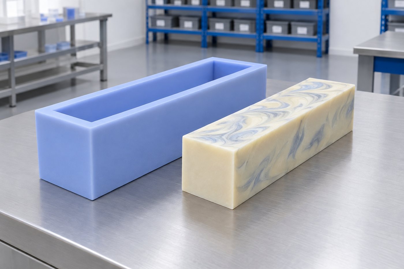 Illustrative example: Large silicone soap loaf mould beside a freshly released loaf
