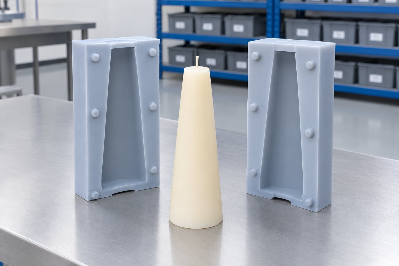 Illustrative example: Tapered pillar candle released from a split silicone mould