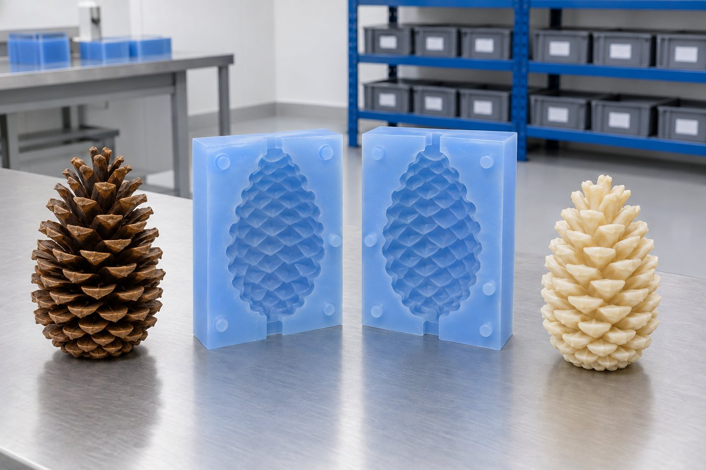 Illustrative example: Pine cone glove mould inside a rigid supporting mother mould