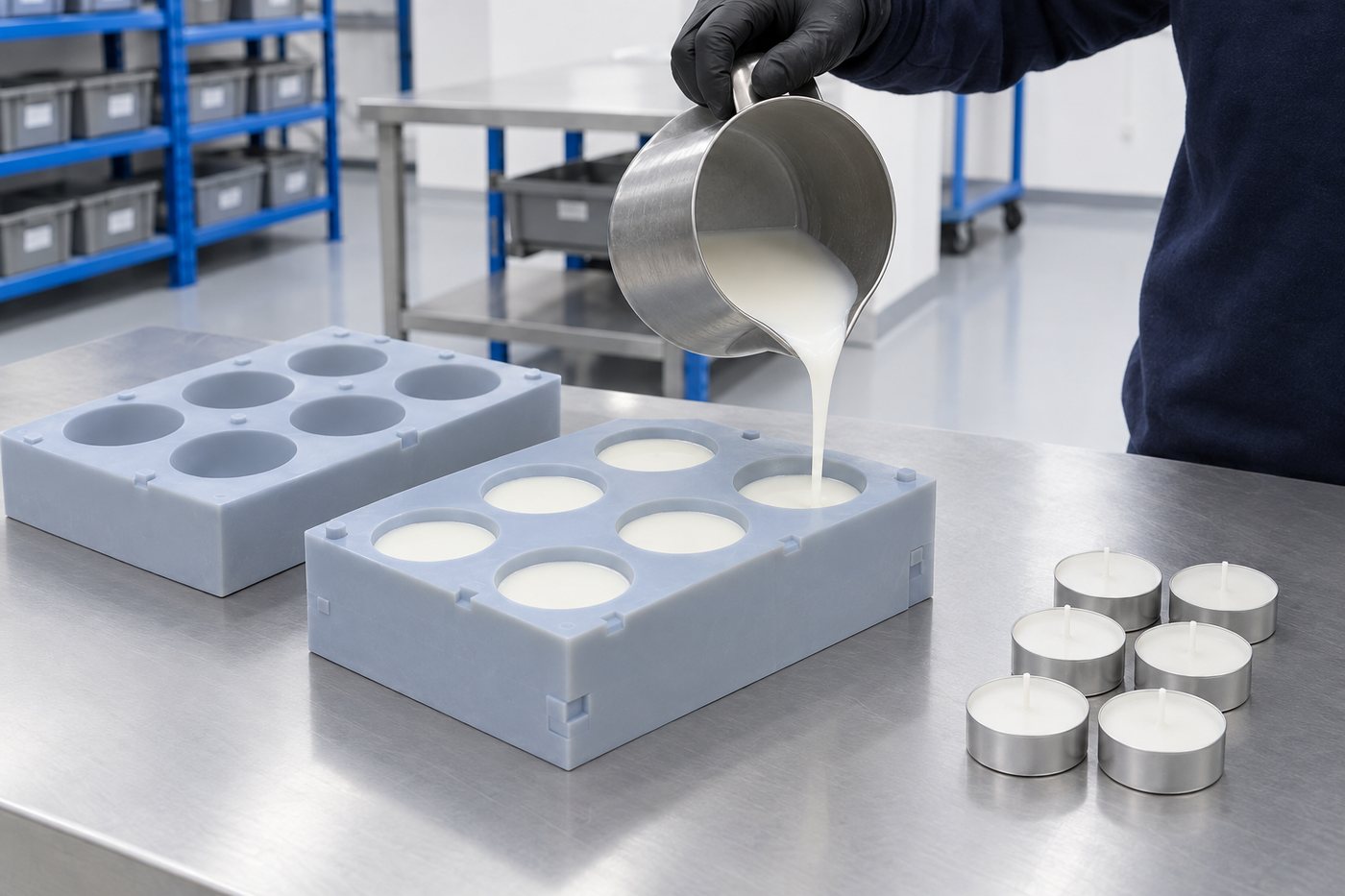 Illustrative example: Multi-cavity tealight mould being filled from a metal pouring jug
