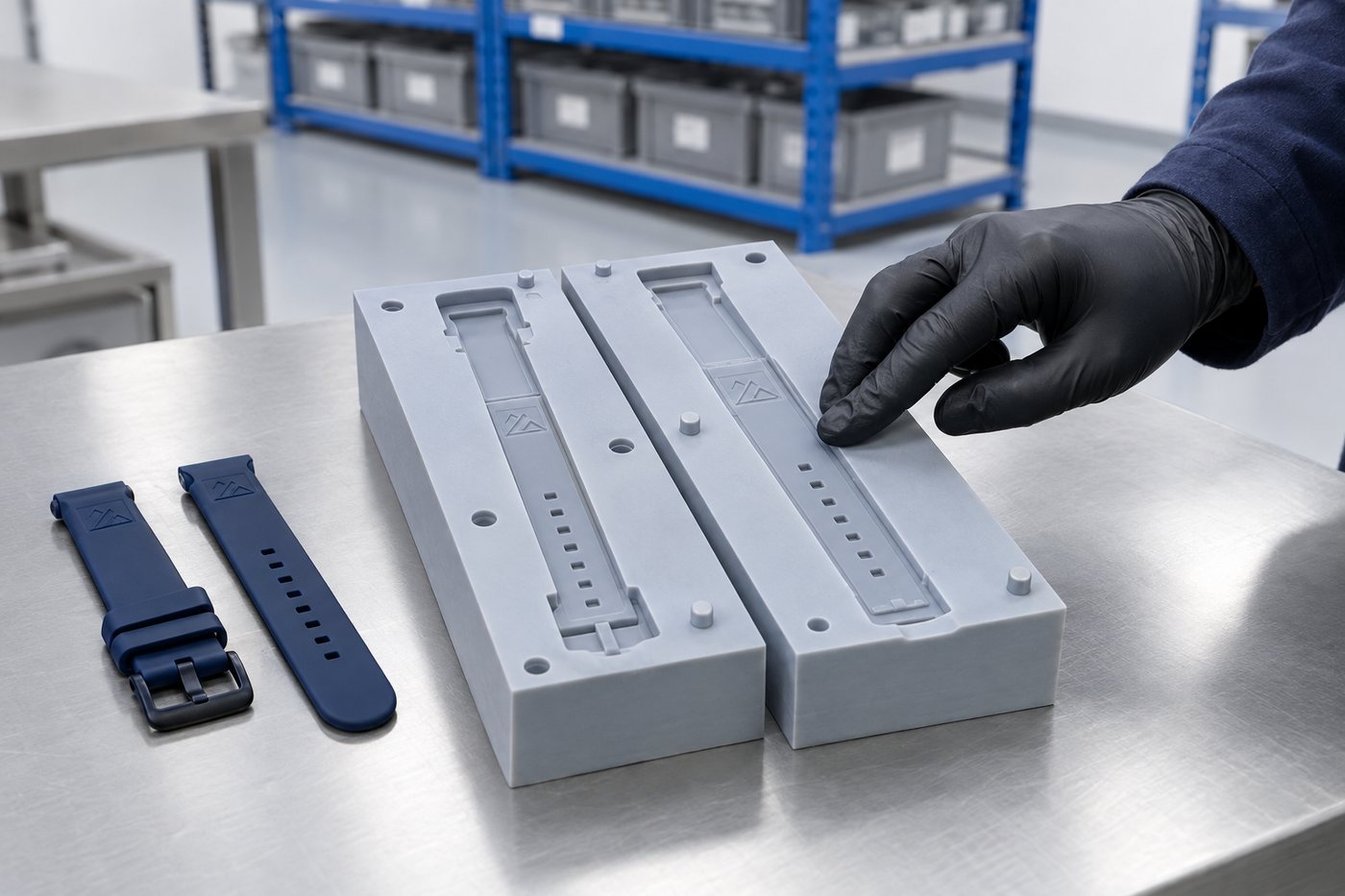 Illustrative example: Gloved hand checking raised logo detail on watch strap mould trial