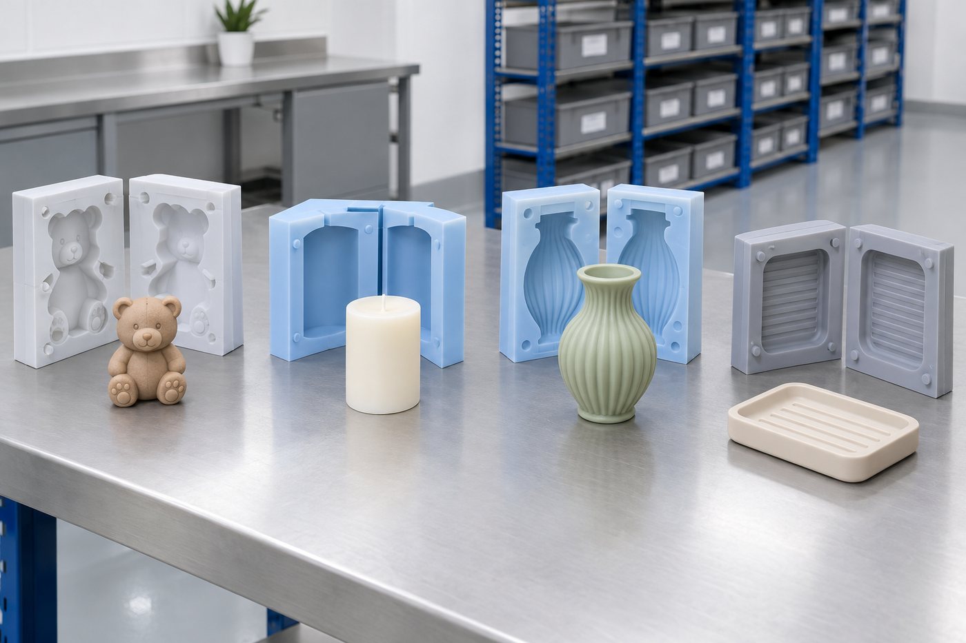 Illustrative example: Small workshop with mixed moulding jobs arranged across benches and shelves