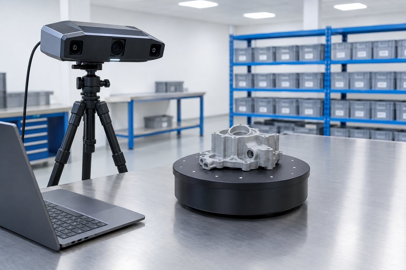 Illustrative example: 3D scanner capturing an irregular part on a workshop bench
