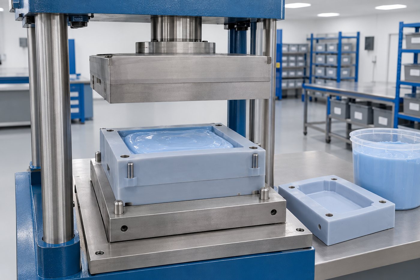 Illustrative example: Compression press loaded with silicone charge before moulding