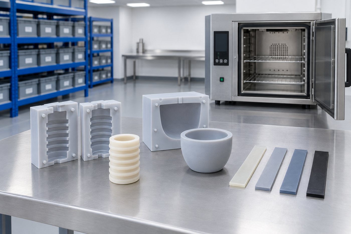 Illustrative example: Heat-tested silicone samples compared beside a small workshop oven