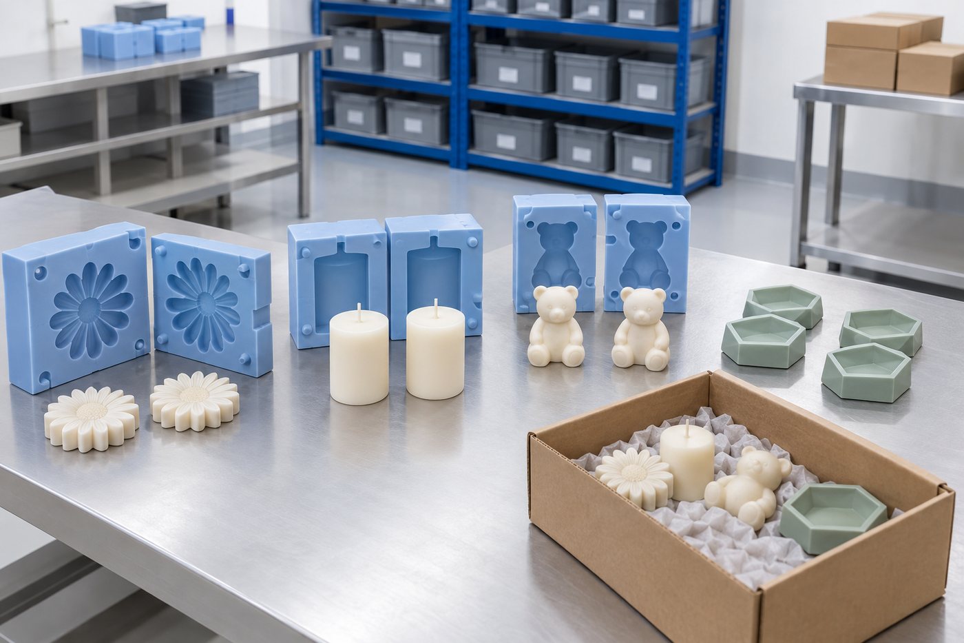 Illustrative example: Finished cast parts being sorted and packed on a bench