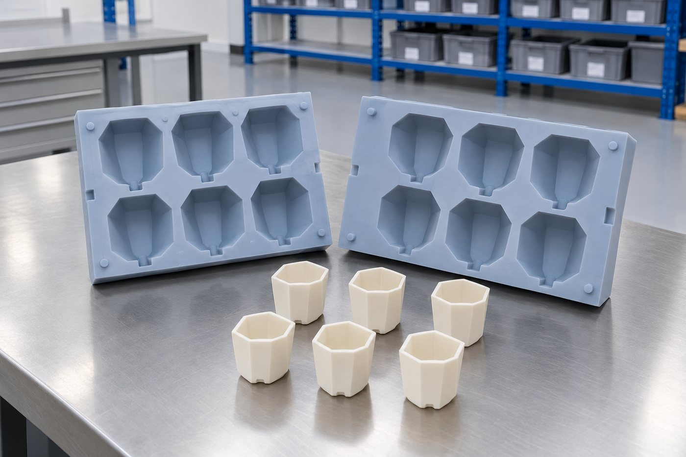 Illustrative example: Open multi-cavity silicone mould with six identical cavities