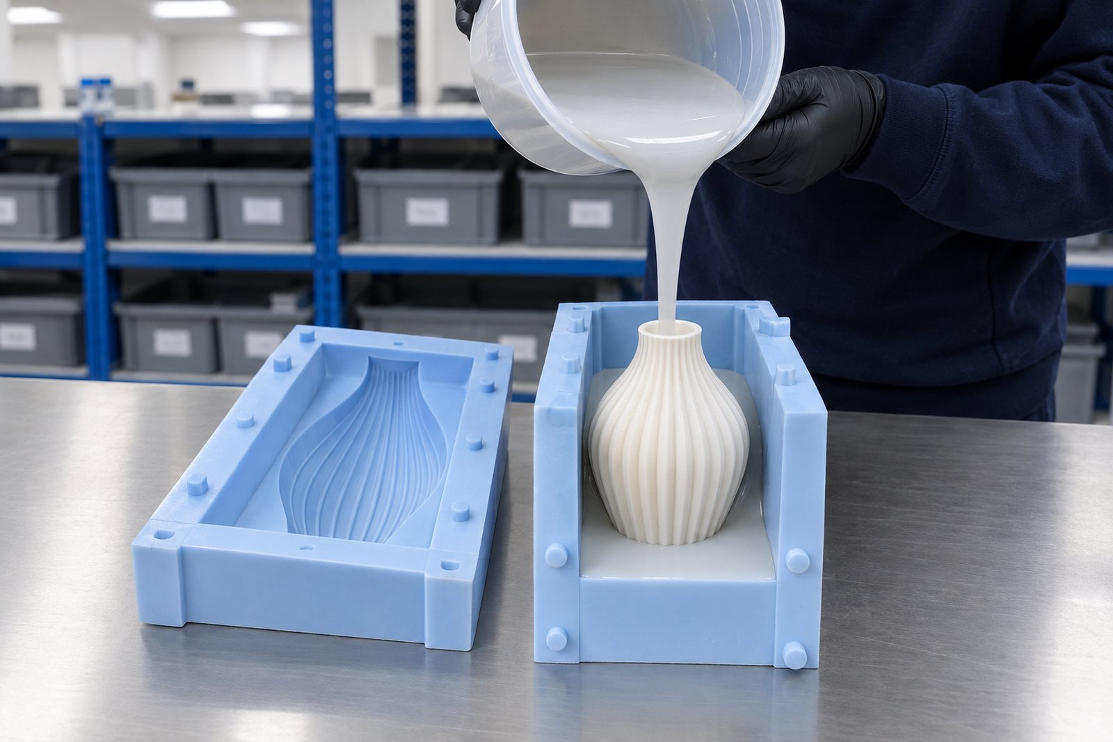 Illustrative example: Silicone being poured slowly into a mould box around a master to build a vessel mould
