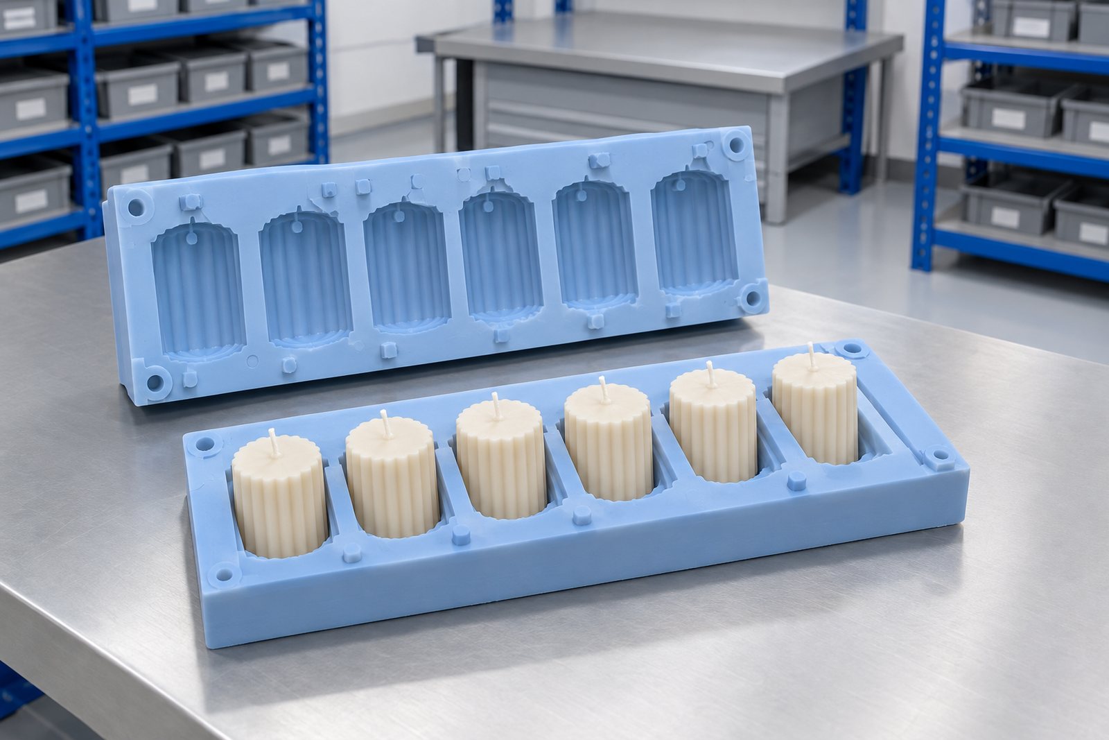 Illustrative example: A multi-cavity tool opened on the bench with identical moulded parts sitting in each cavity