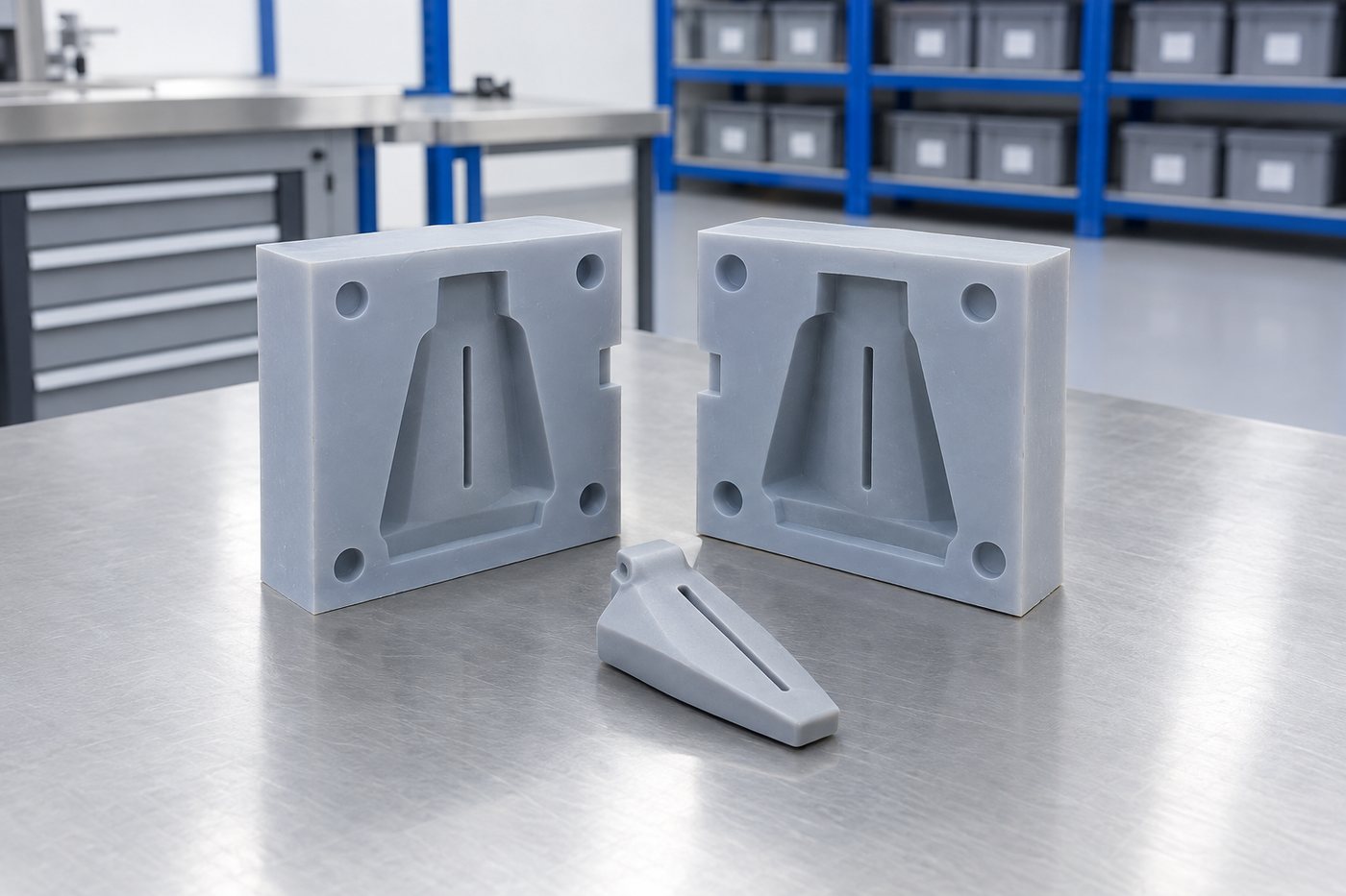 Illustrative example: Close-up of a small grey cast silicone aerospace test component with one very fine narrow slot feature.