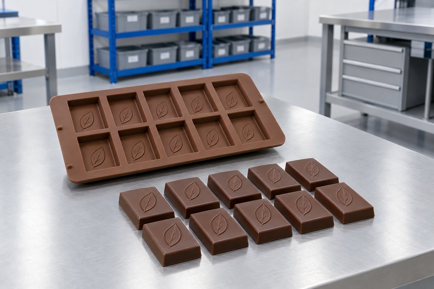 Illustrative example: Finished job: a brown food-grade silicone chocolate bar mould with a plain raised leaf emblem in each cavity.