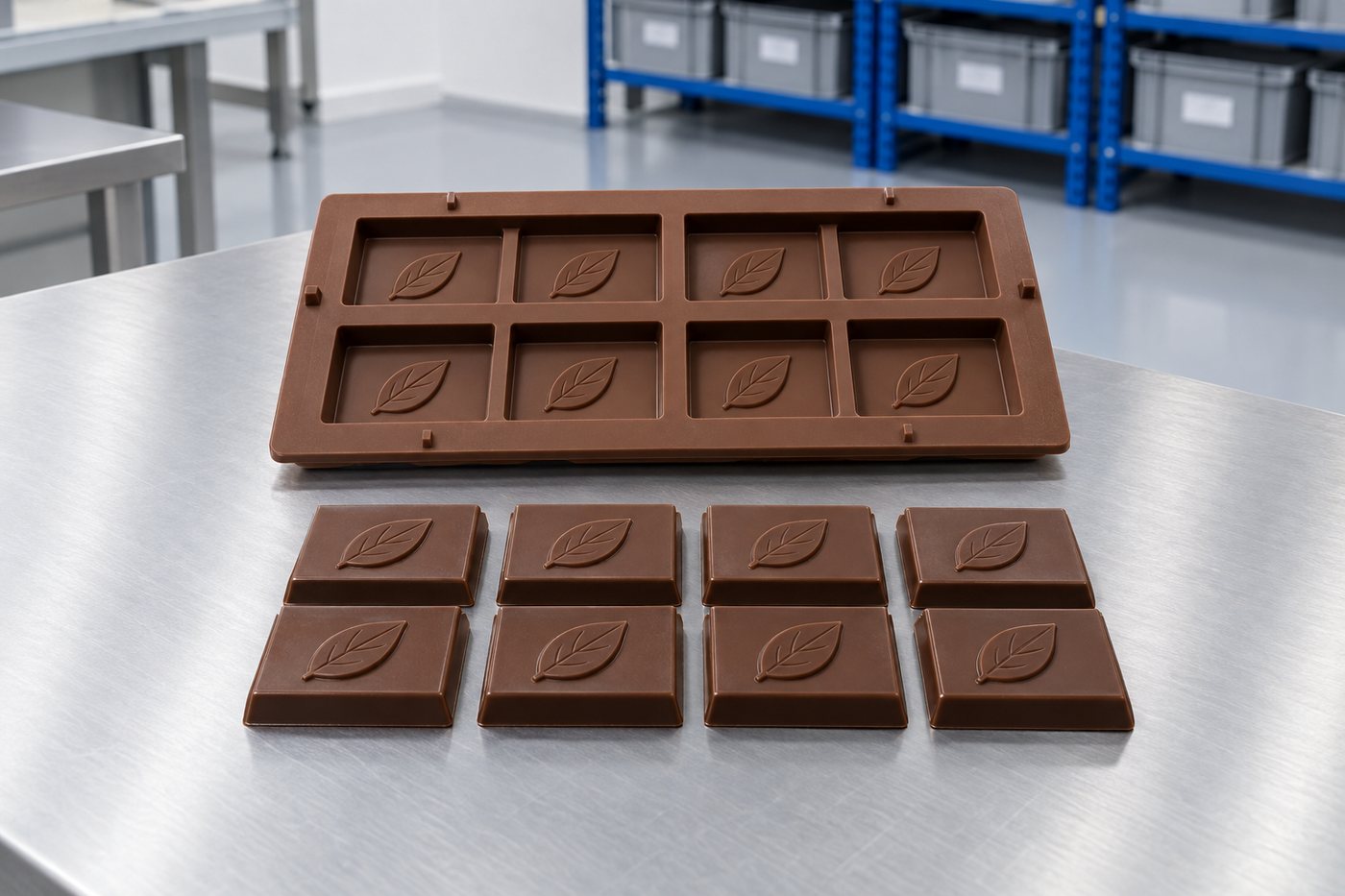 Illustrative example: Close-up of a brown food-grade silicone chocolate bar mould with a plain raised leaf emblem in each cavity.