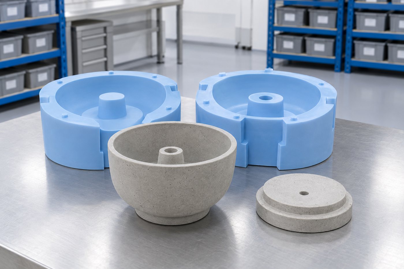 Illustrative example: Finished job: a cast silicone mould for a round concrete planter with a central core forming the drainage hole and a raised base foot.