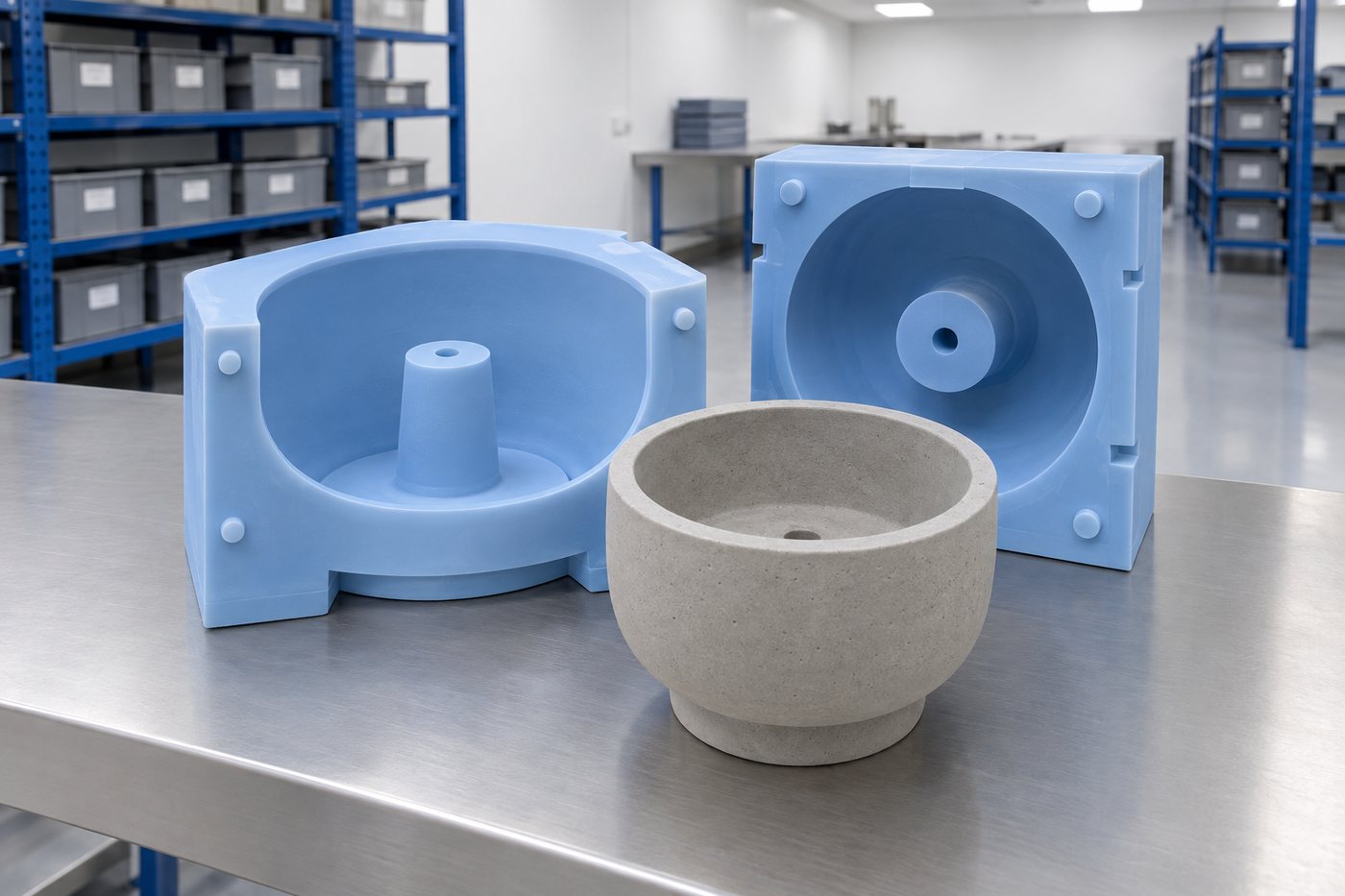 Illustrative example: Close-up of a cast silicone mould for a round concrete planter with a central core forming the drainage hole and a raised base foot.