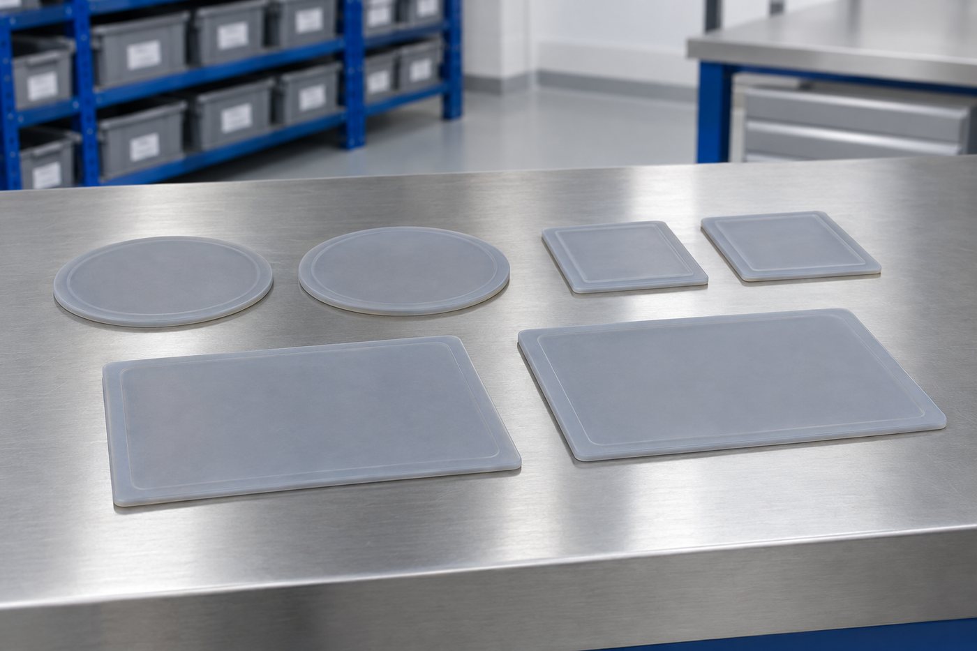 Illustrative example: Close-up of thin flat translucent grey cast silicone pads lying perfectly flat on a steel surface plate.